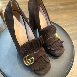 Gucci Chocolate Suede Heels with Gold Emblem